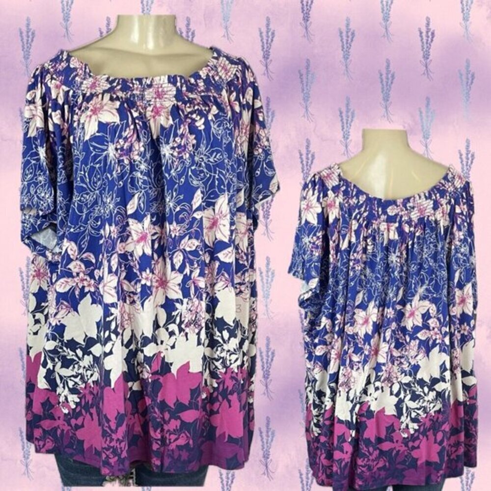 Roaman's +30/32 Purple-Pink Floral Shirred Neck On/Off Shoulder Short Sleeve Top